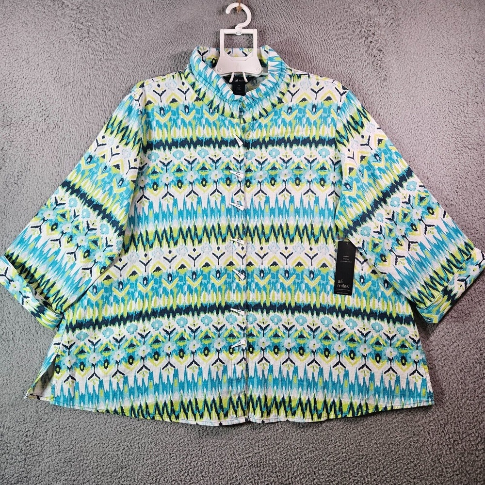 NWT Ali Miles Shirt Tunic Top Women 1X Linen Blend Button Up Colorful Geometric